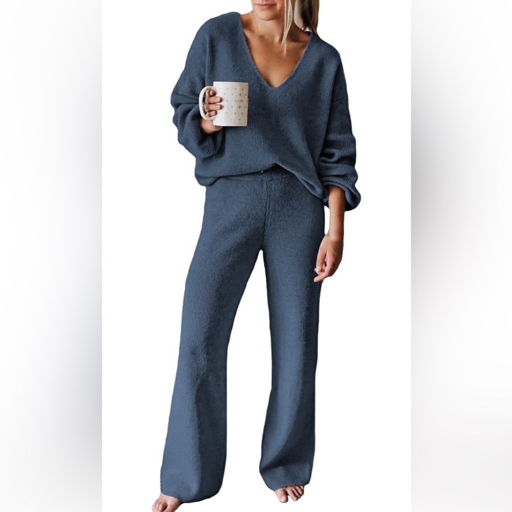 Viottiset Women's 2 Piece Outfits Casual V Neck Knit Wide Leg Sweater Lounge Set
